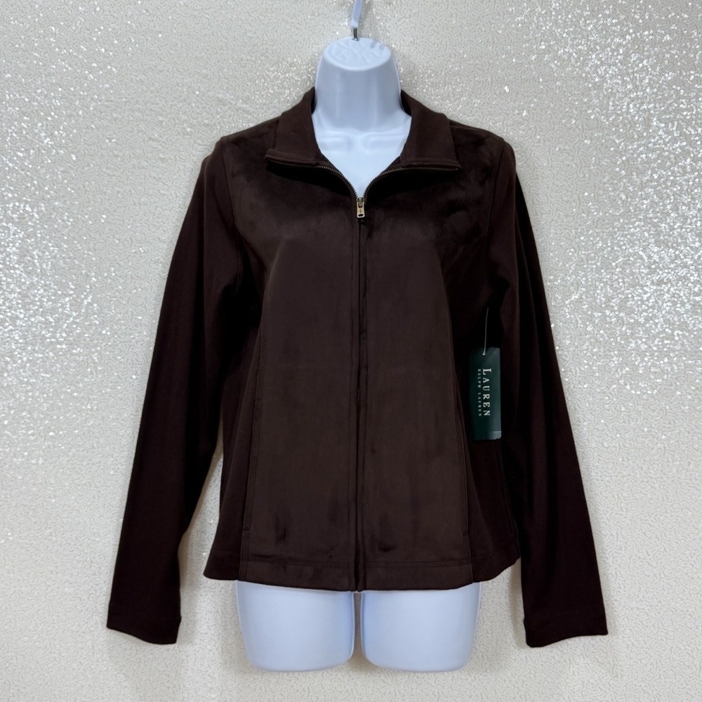 Lauren Ralph Lauren Faux Suede Zip Jacket in Espresso Brown – Size Small – NWT